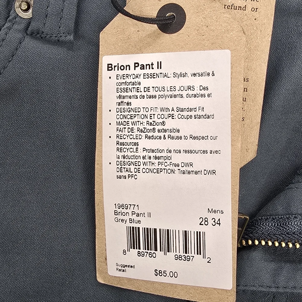 Prana NWT Brion Pant II Straight Leg Blue Gray Pants Size 28 x 34